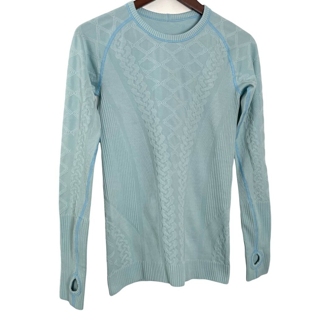 Lululemon Rest Less Pullover Shirt 4 Caspian Aqua Blue Cable Knit Long Slv Top